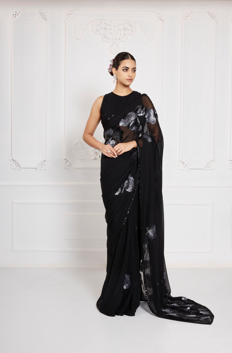 Black Georgette Grey Sequin Embroidered Saree Set