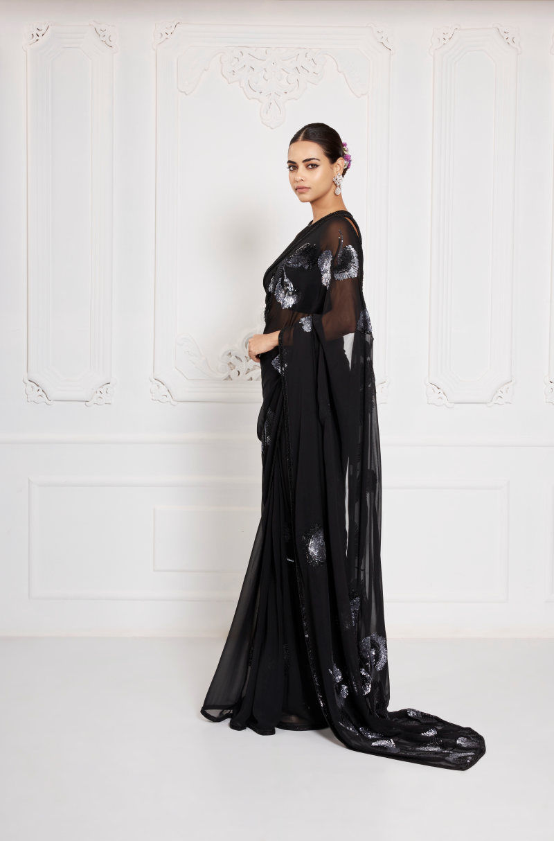 Black Georgette Grey Sequin Embroidered Saree Set