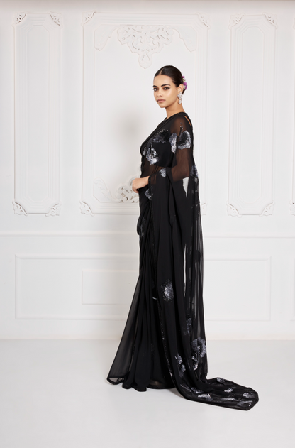 Black Georgette Grey Sequin Embroidered Saree Set