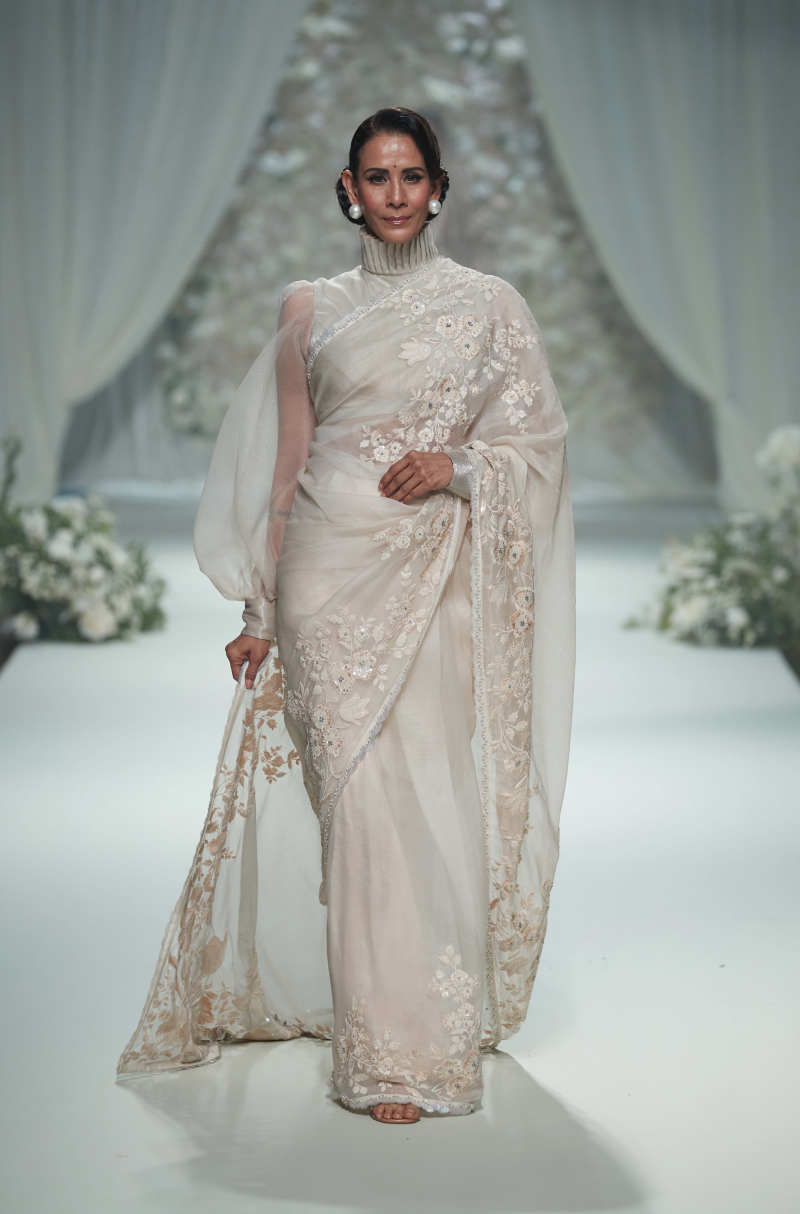 Ivory Organza Floral Embroidered Saree Set