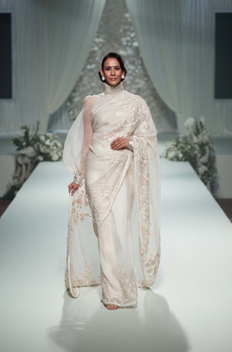 Ivory Organza Floral Embroidered Saree Set