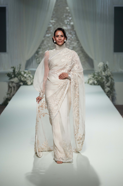 Ivory Organza Floral Embroidered Saree Set