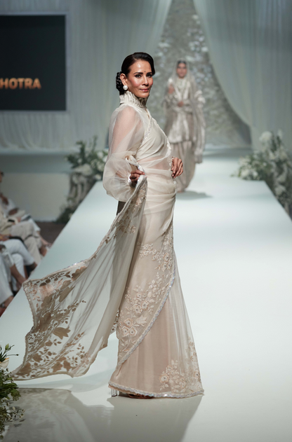Ivory Organza Floral Embroidered Saree Set