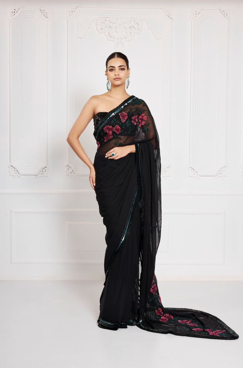 Black Georgette Rani Pink Embroidered Saree Set