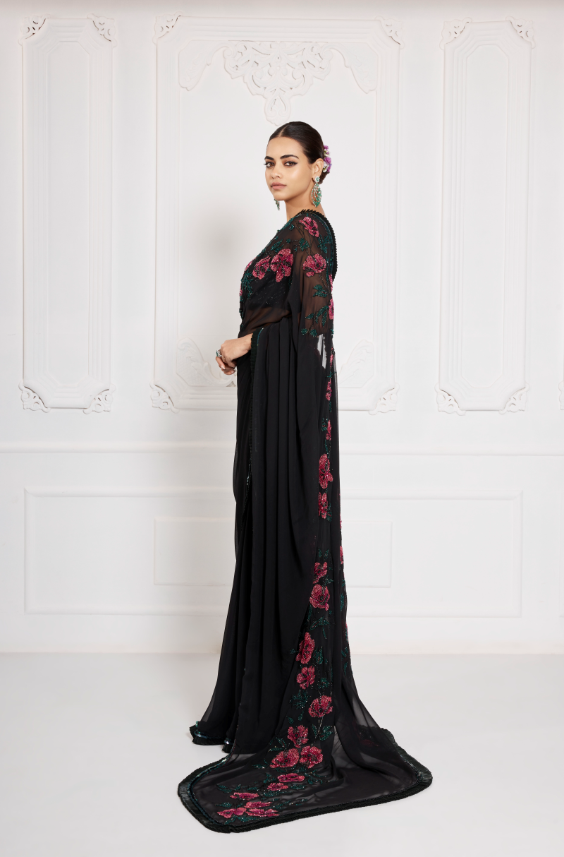 Black Georgette Rani Pink Embroidered Saree Set