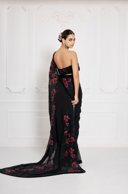 Black Georgette Rani Pink Embroidered Saree Set