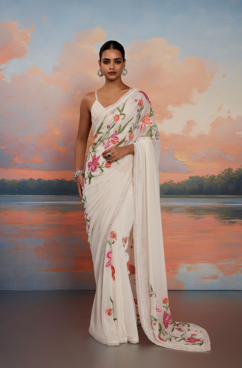 Cream Multicolored Floral Sequin Saree Set