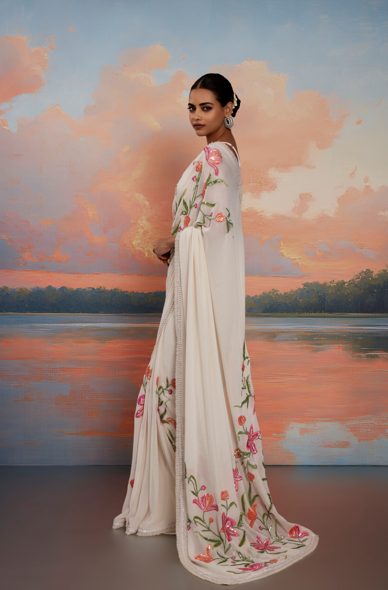 Cream Multicolored Floral Sequin Saree Set