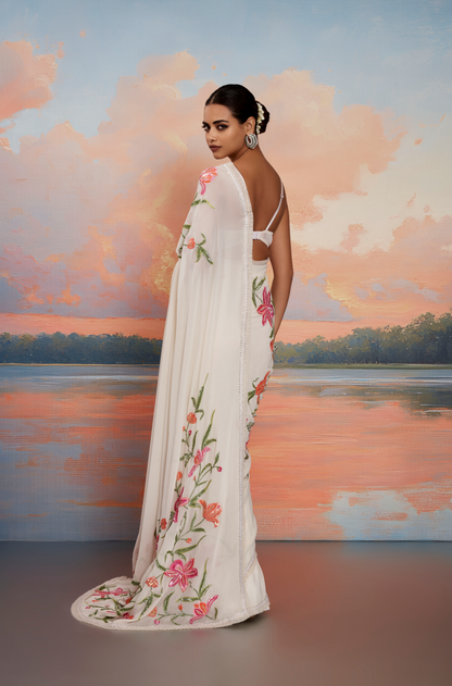 Cream Multicolored Floral Sequin Saree Set