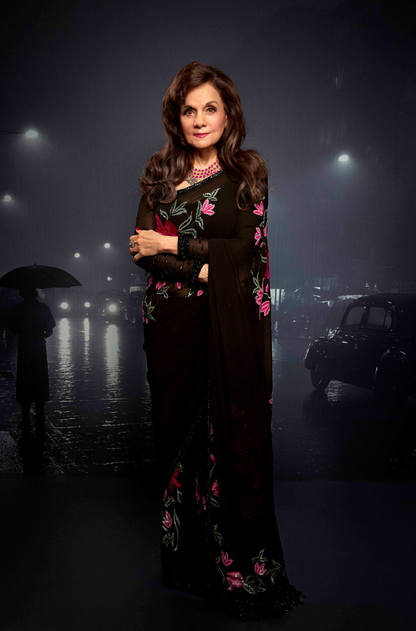 Mumtaz in our Black Georgette Embroidered Saree Set