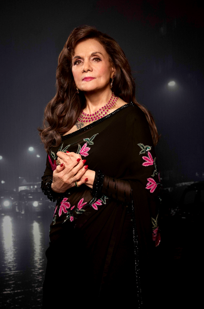 Mumtaz in our Black Georgette Embroidered Saree Set