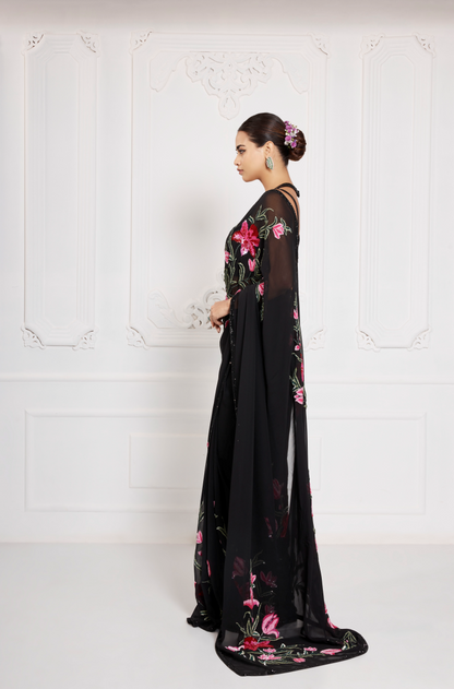 Black Georgette Pink & Green Embroidered Saree Set