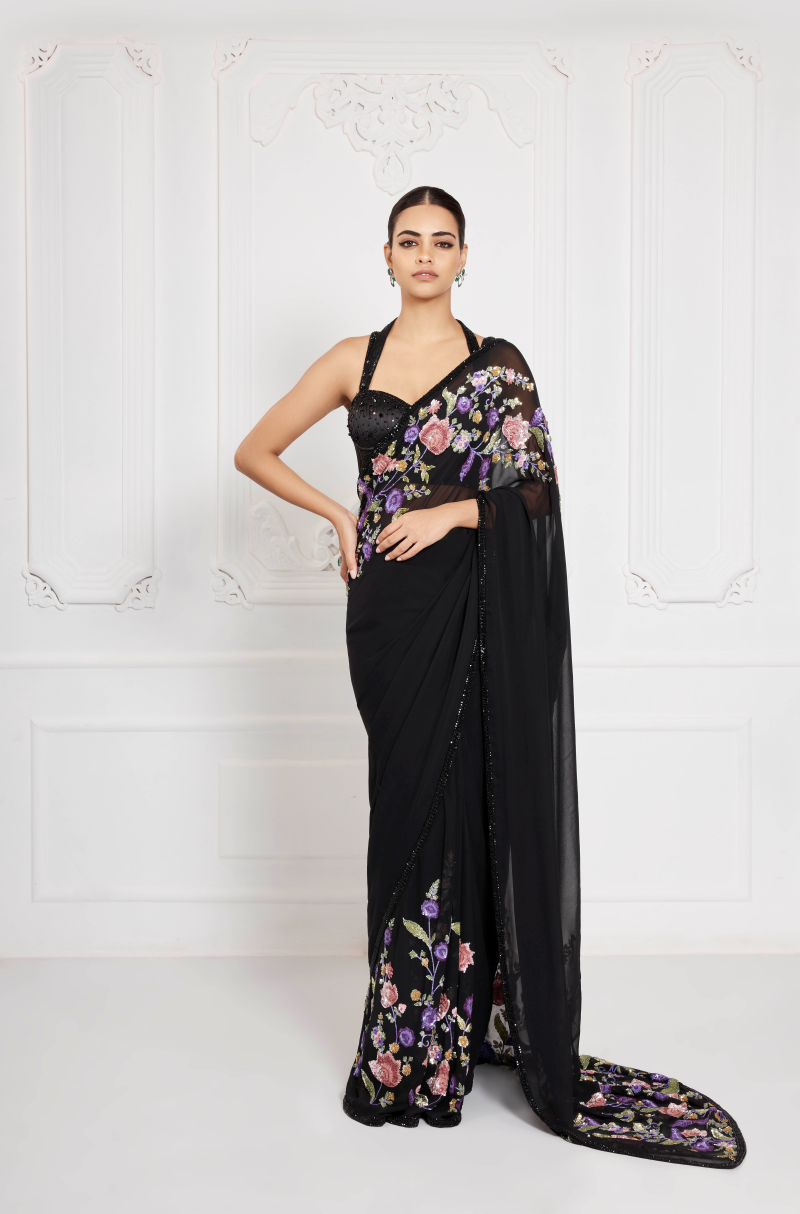 Black Multicoloured Floral Sequin Saree Set