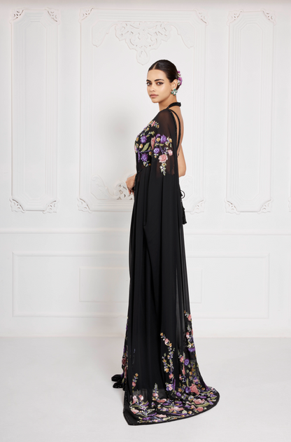 Black Multicoloured Floral Sequin Saree Set
