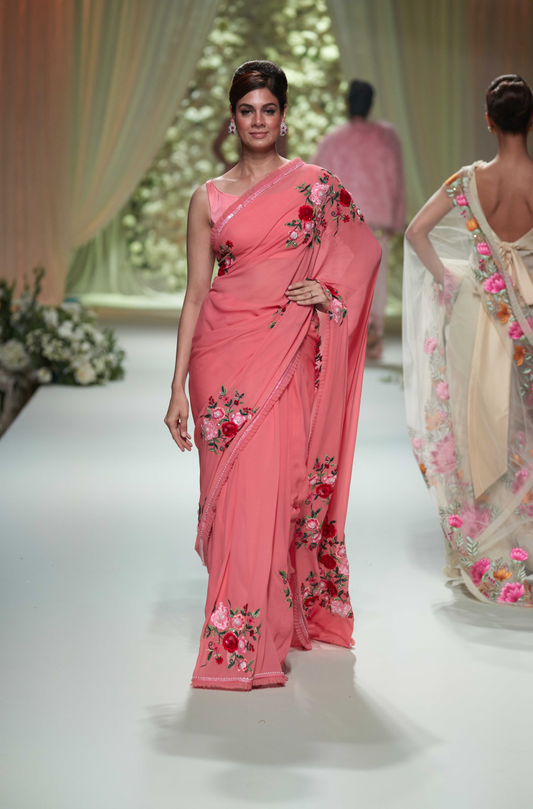 Pink Floral Embroidered Saree Set