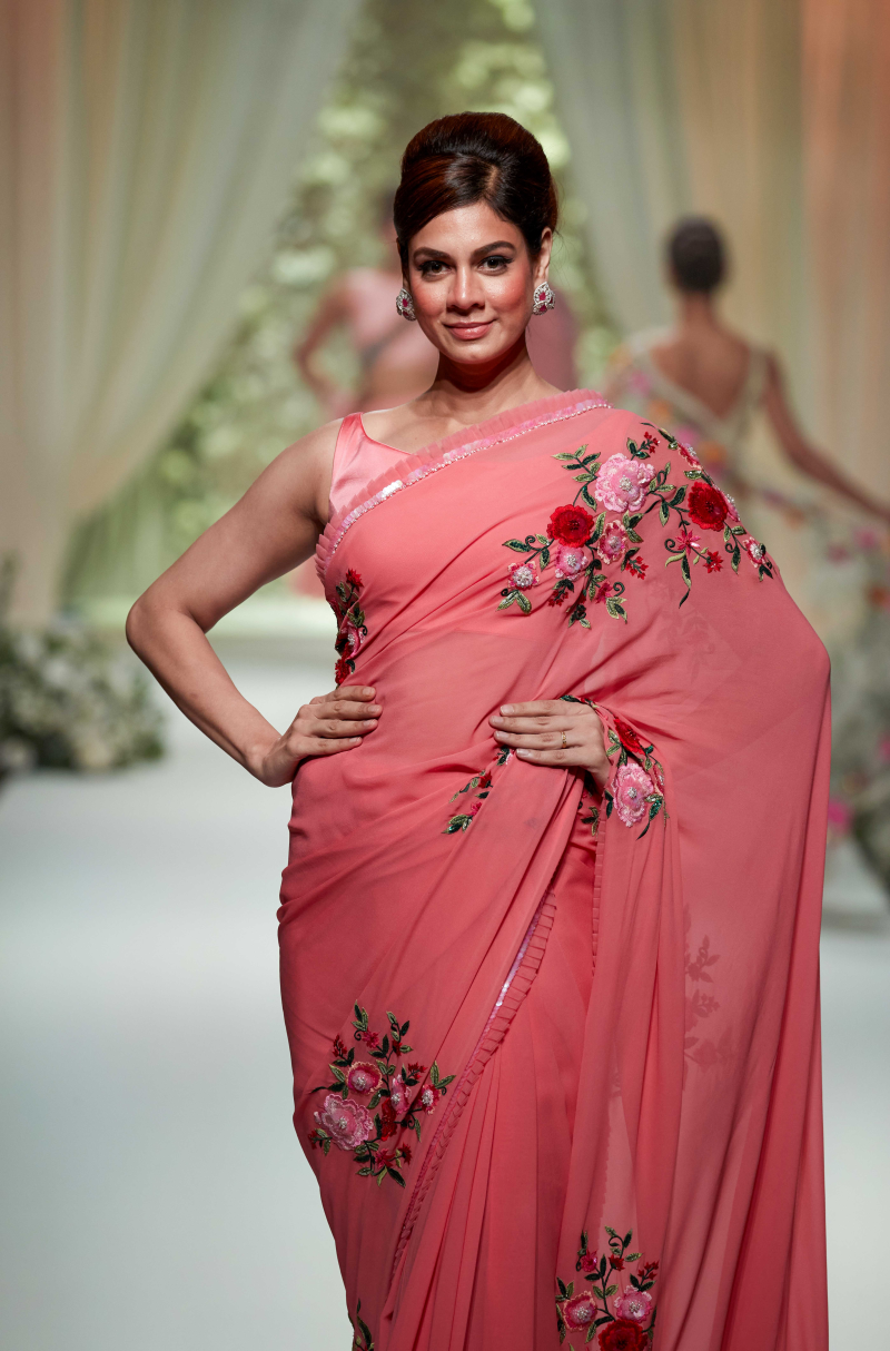Pink Floral Embroidered Saree Set