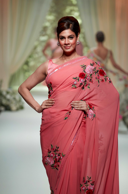 Pink Floral Embroidered Saree Set