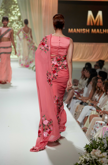 Pink Floral Embroidered Saree Set
