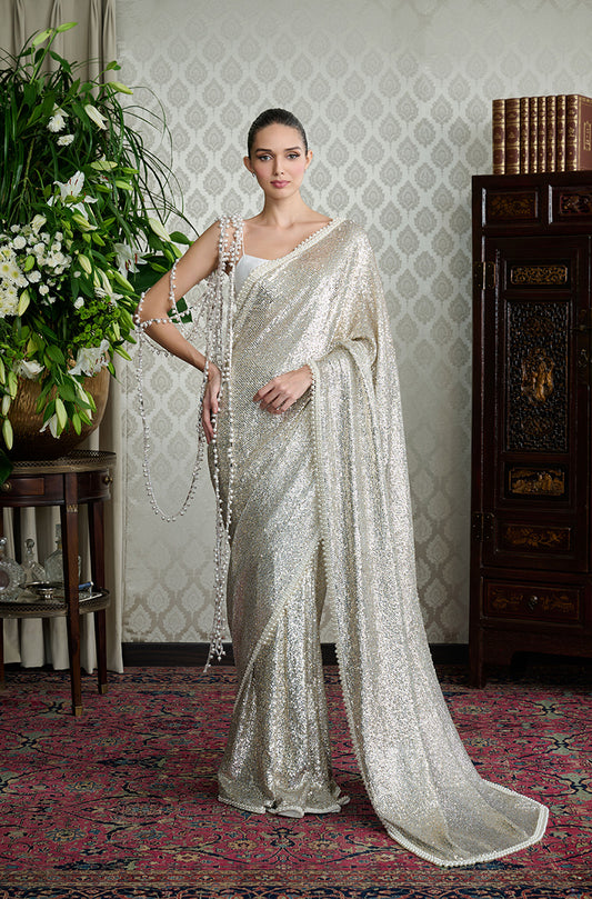 Silver-Gold Sequin Embrodiered Saree Set