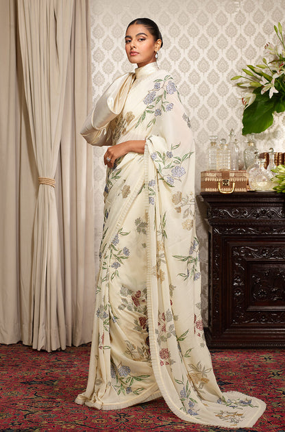 Off White Floral Embroidered Saree Set