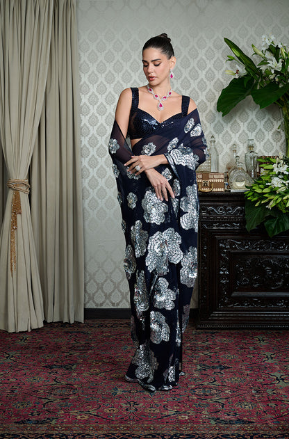 Navy Blue with Silver Taban Floral Saree Set