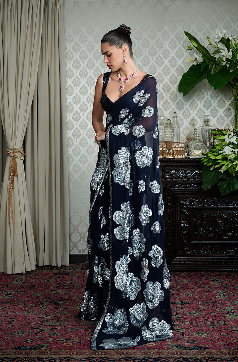 Navy Blue with Silver Taban Floral Saree Set