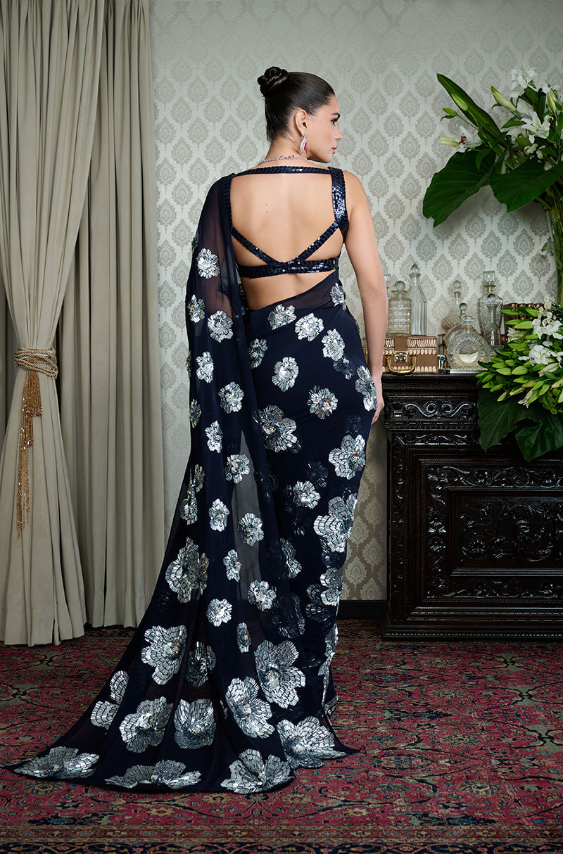 Navy Blue with Silver Taban Floral Saree Set
