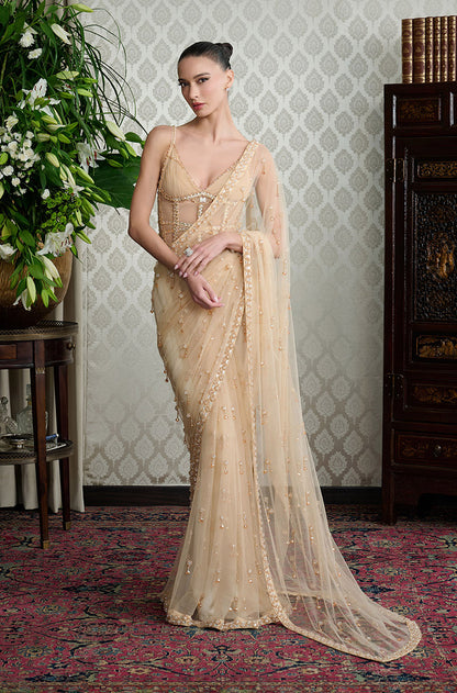Gold Tulle Crystal Embellished Saree Set