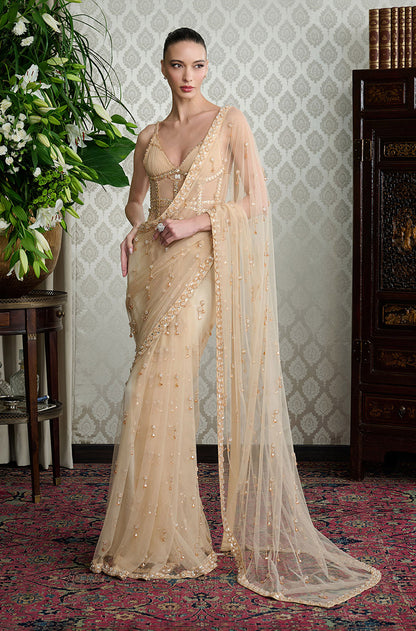 Gold Tulle Crystal Embellished Saree Set