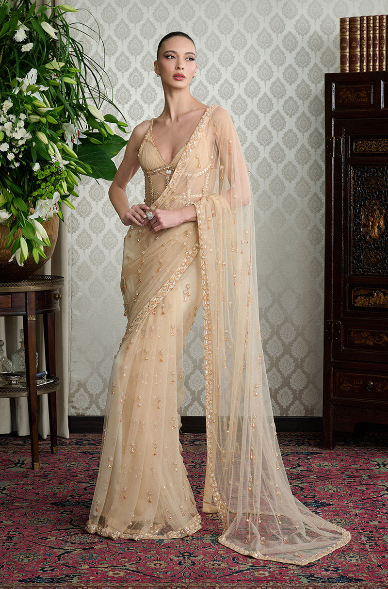 Gold Tulle Crystal Embellished Saree Set