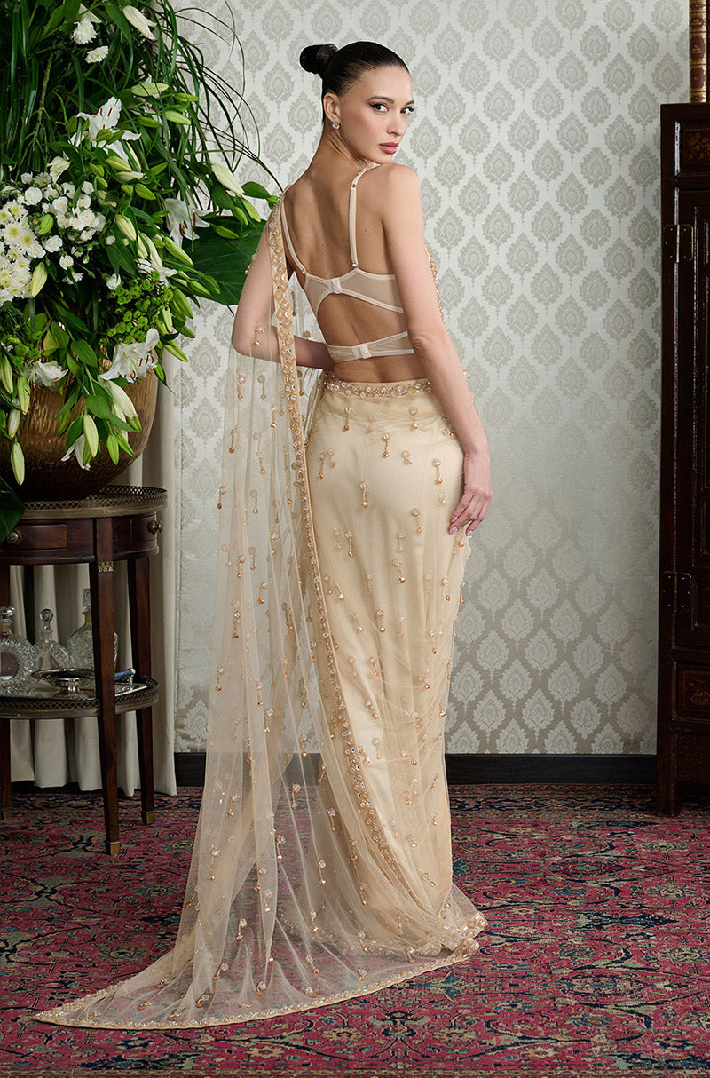 Gold Tulle Crystal Embellished Saree Set
