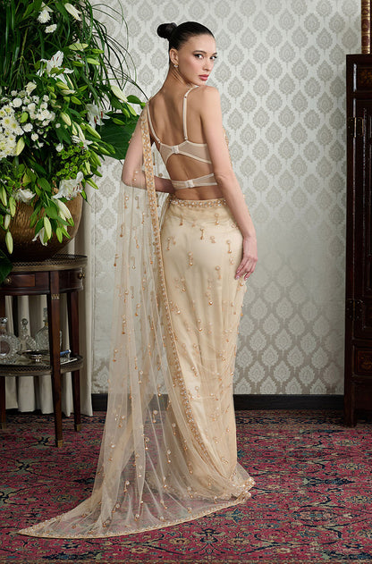 Gold Tulle Crystal Embellished Saree Set