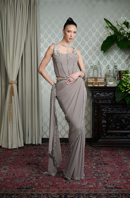 Grey Georgette Crystal Border Saree Set