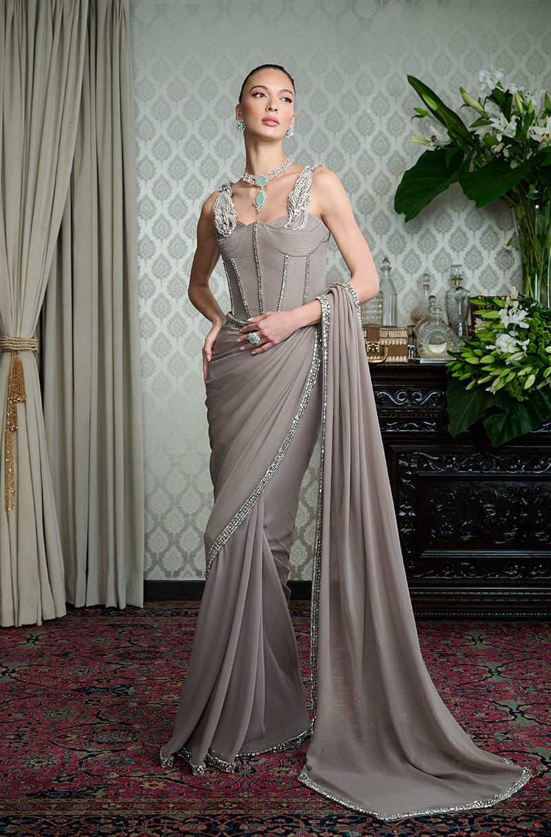 Grey Georgette Crystal Border Saree Set