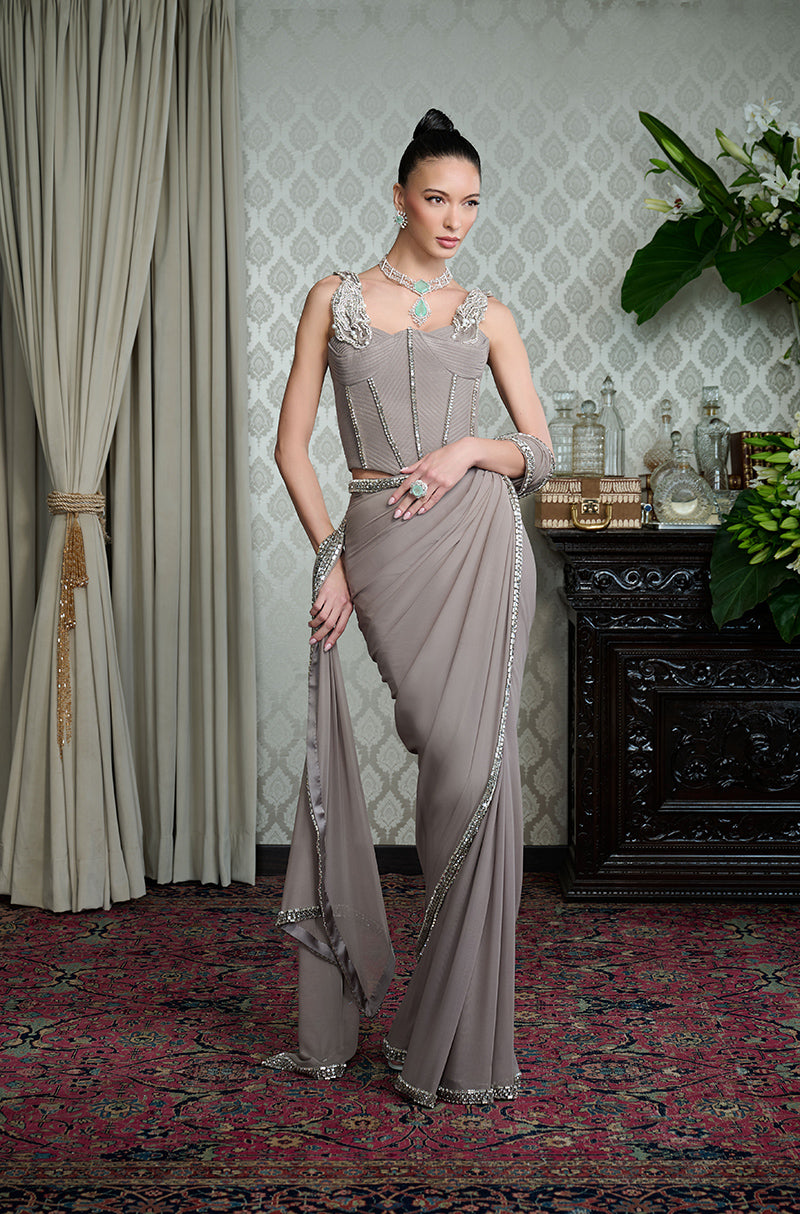 Grey Georgette Crystal Border Saree Set