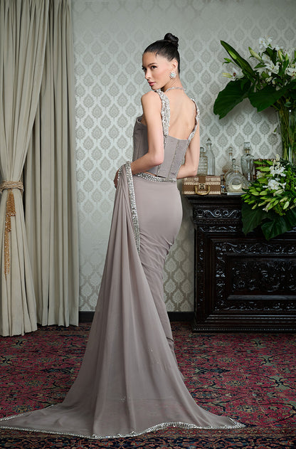 Grey Georgette Crystal Border Saree Set