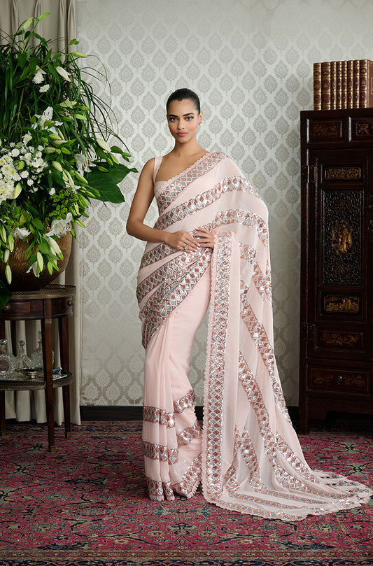 Peach Embroidered Borders Saree Set