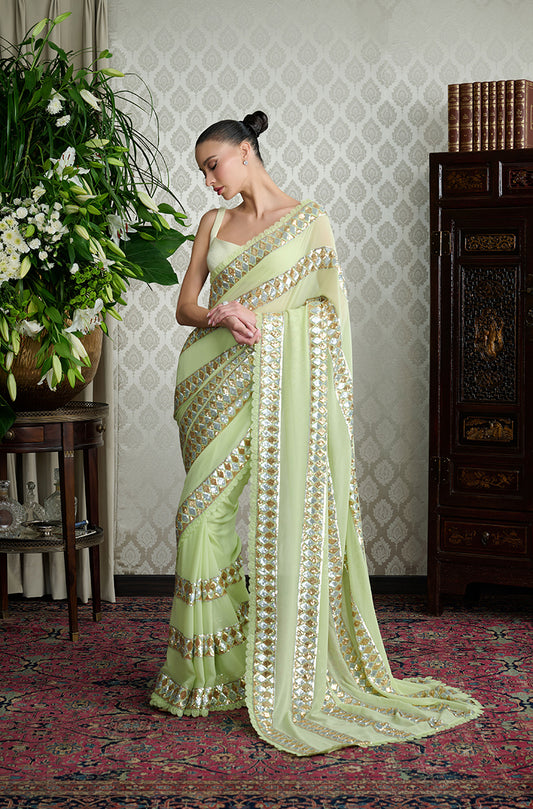 Lime Green Embroidered Borders Saree Set