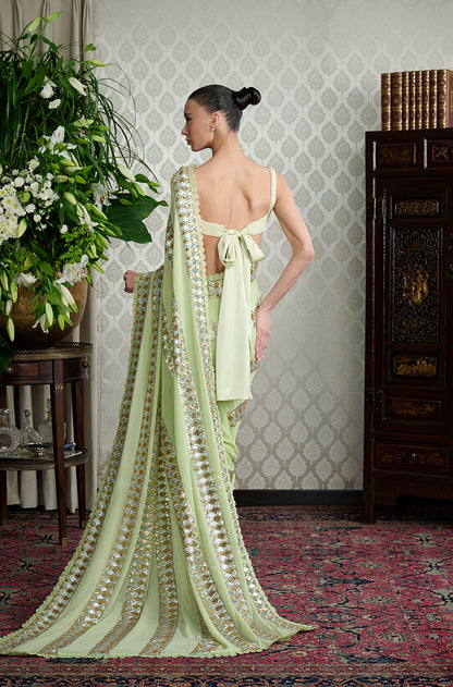 Lime Green Embroidered Borders Saree Set