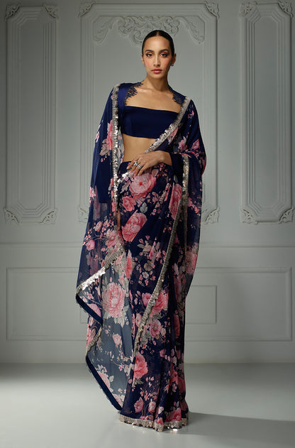 Navy Floral Printed Saree Set