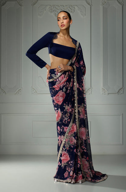Navy Floral Printed Saree Set