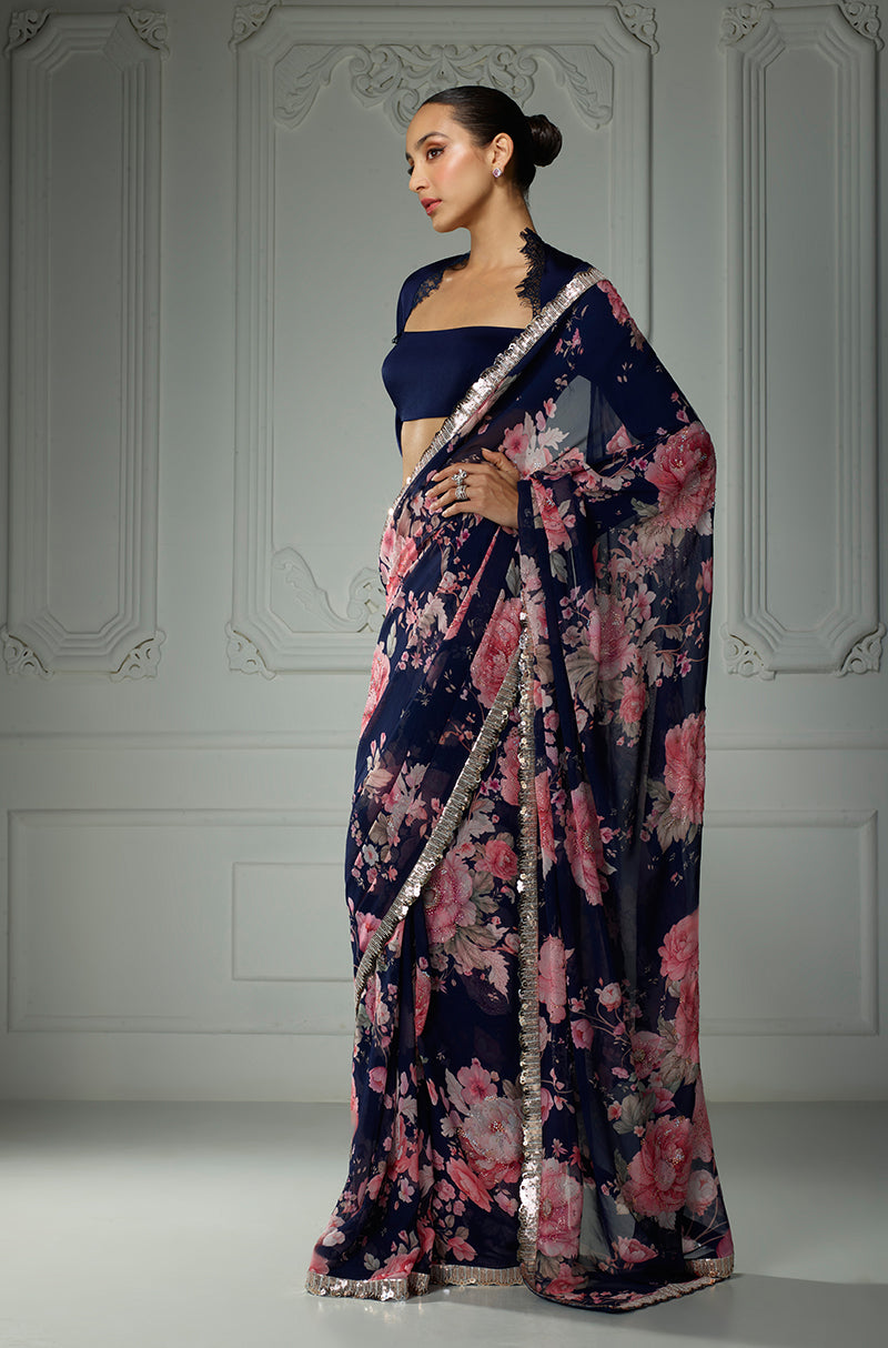 Navy Floral Printed Saree Set