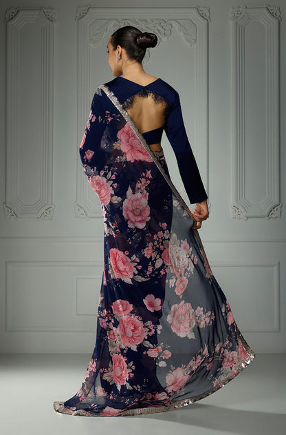 Navy Floral Printed Saree Set