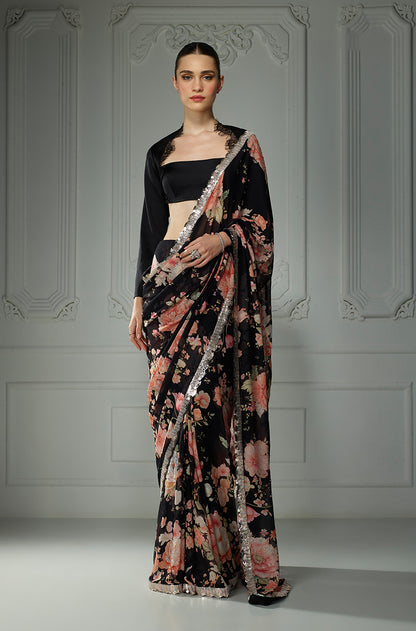 Black Floral Printed Saree Set