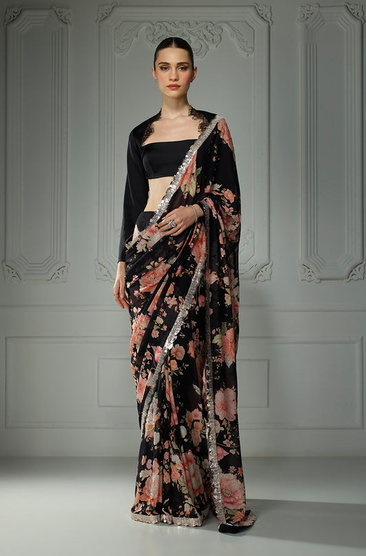 Black Floral Printed Saree Set