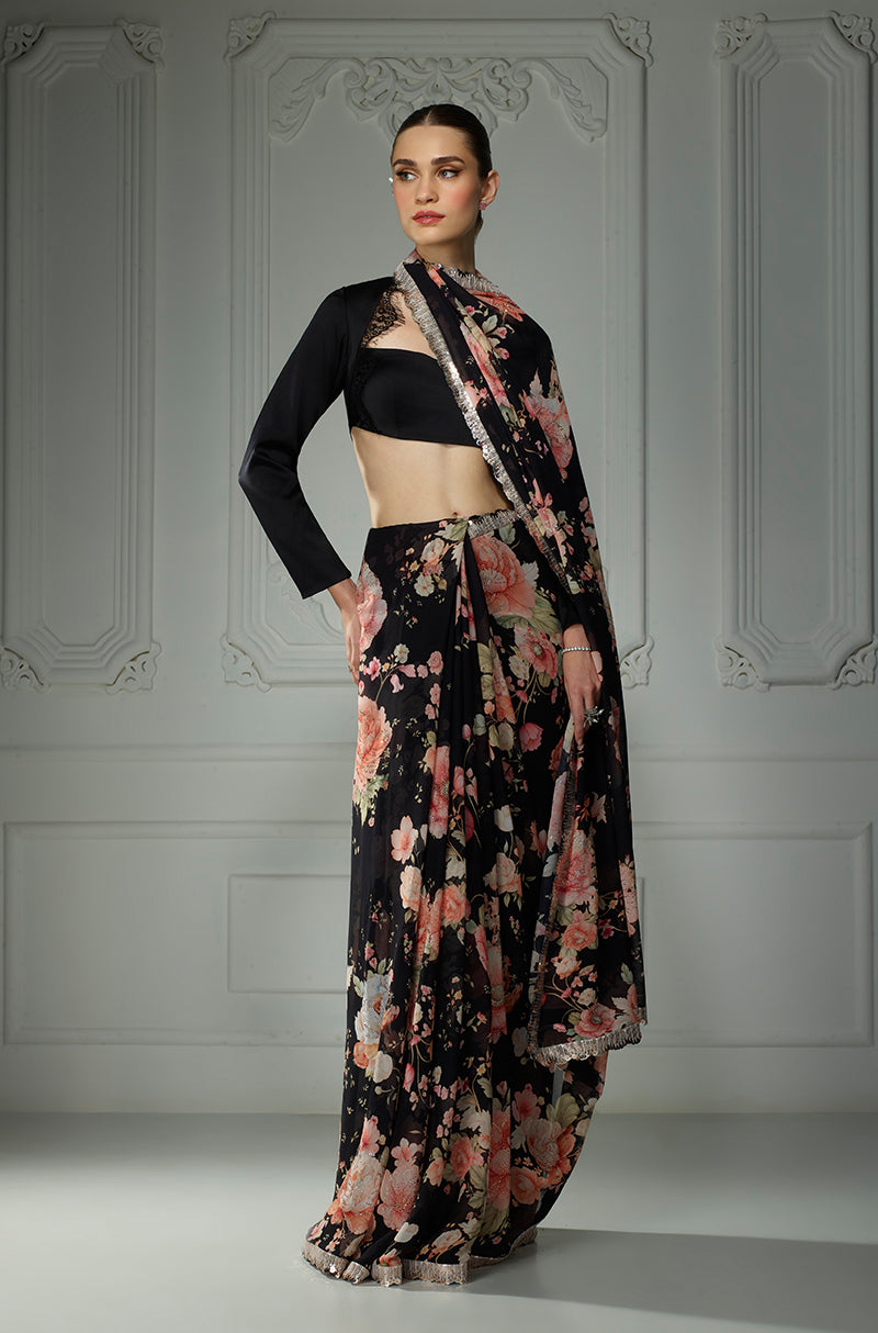 Black Floral Printed Saree Set