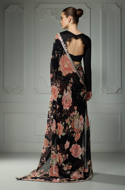 Black Floral Printed Saree Set