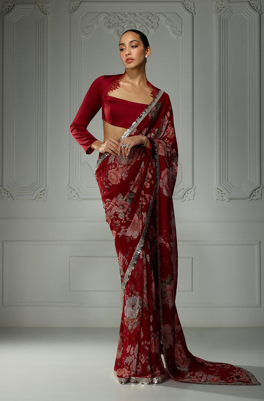Red Floral Printed Saree Set