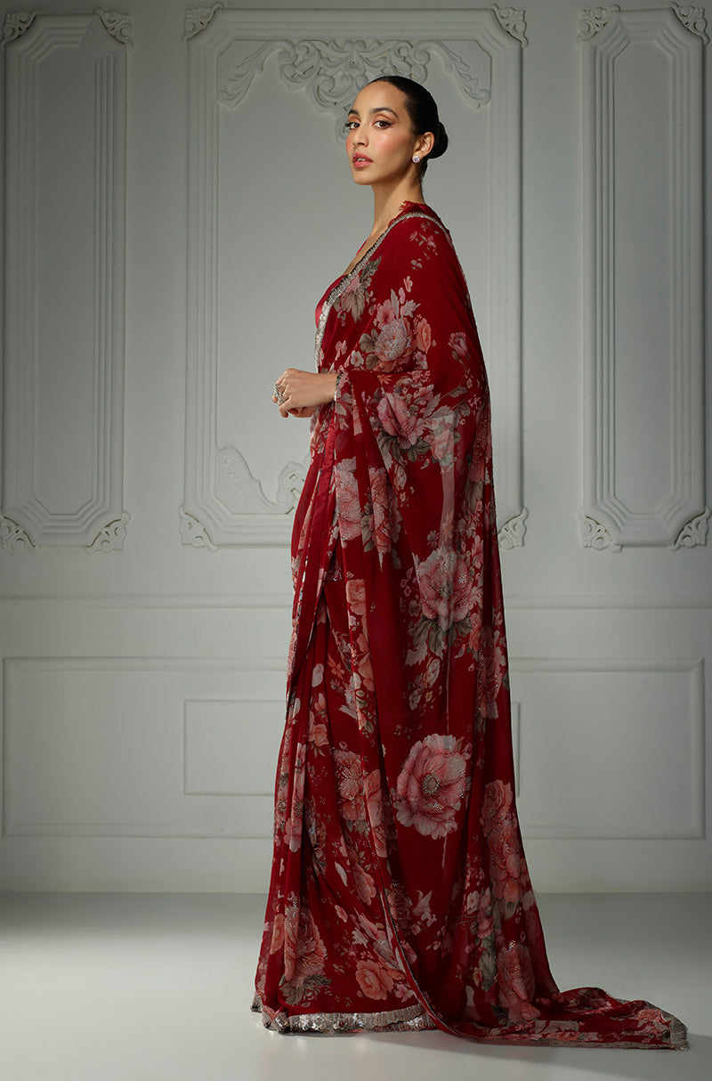 Red Floral Printed Saree Set