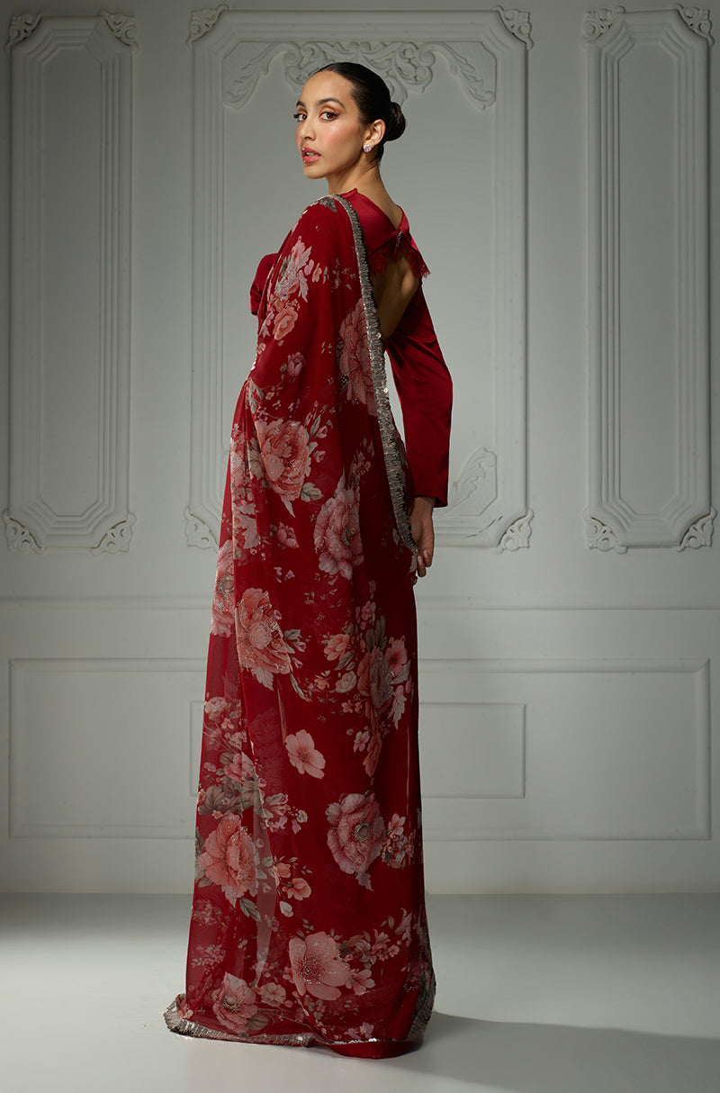 Red Floral Printed Saree Set